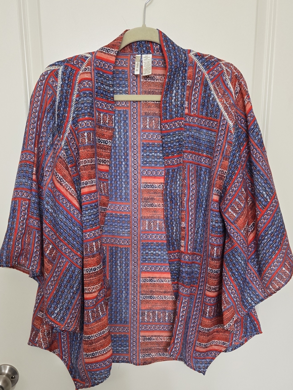 Japna Red and Blue Patterned Open-Front Tunic Kimono